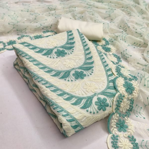 White Green Georgette Embroidered Top Bottom Dupatta Set for Women Color Set Matching Dress Material Wholesale