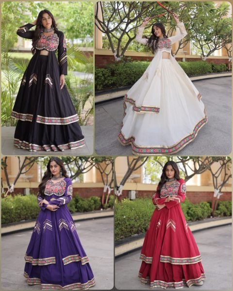 White Gujarati Kora Cotton Lehenga with Traditional Gamthi Work For Garba Navratri Lehnega Choli