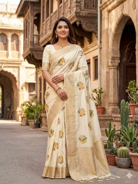 White Hand Dyed Georgette Saree with Meenakari Weaving for Festive Wear Sarees 