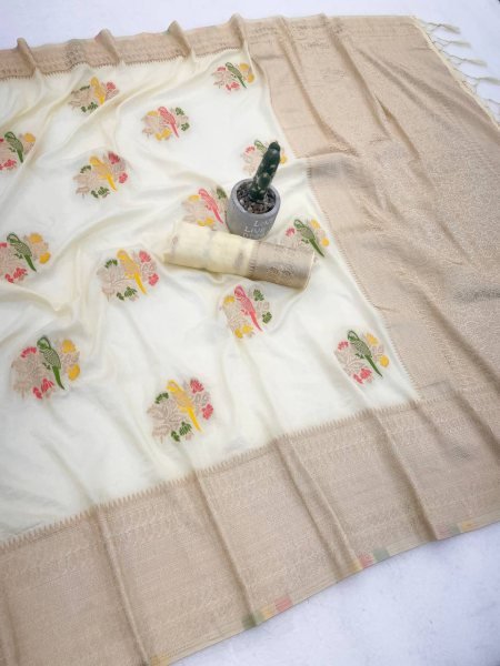 White Hand Dyed Georgette Saree with Meenakari Weaving for Festive Wear Cotton Sarees Wholesale