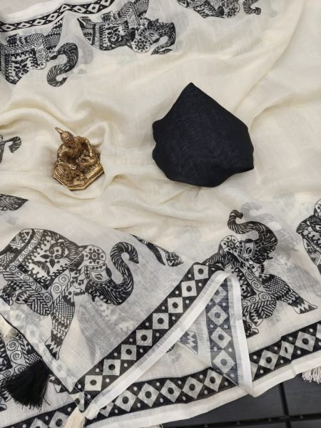 White Handloom Linen Cotton Digital Printed Saree with Latkan and Blouse at Wholesal Rate 