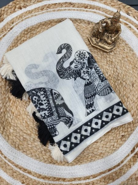 White Handloom Linen Cotton Digital Printed Saree with Latkan and Blouse at Wholesal Rate Printed Cotton Sarees Wholesale