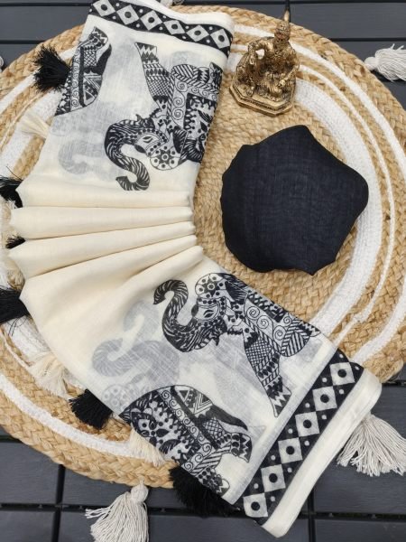 White Handloom Linen Cotton Digital Printed Saree with Latkan and Blouse at Wholesal Rate Printed Cotton Sarees Wholesale