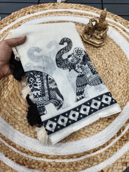 White Handloom Linen Cotton Digital Printed Saree with Latkan and Blouse at Wholesal Rate Printed Cotton Sarees Wholesale