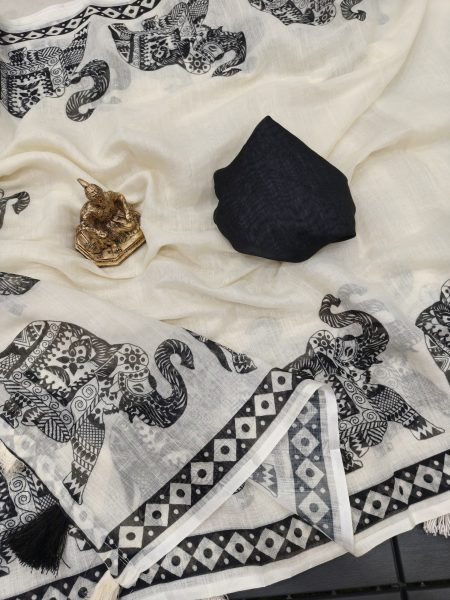 White Handloom Linen Cotton Digital Printed Saree with Latkan and Blouse at Wholesal Rate Printed Cotton Sarees Wholesale