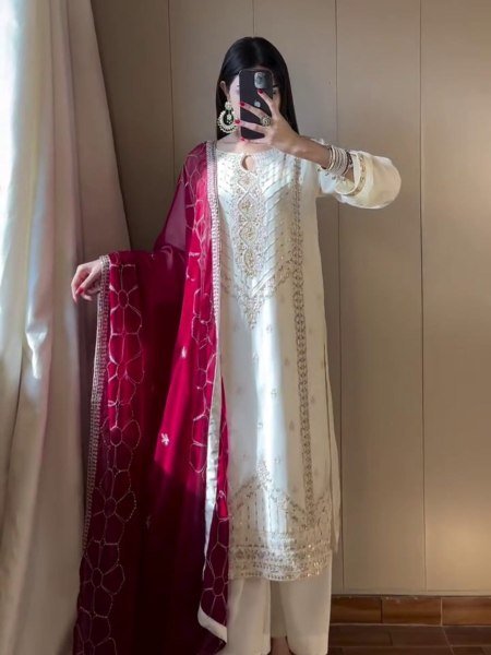 Bohemian White Heavy Chinon Silk Palazzo Suit with Embroidered Dupatta For Wedding Wear Ready To Wear Suit