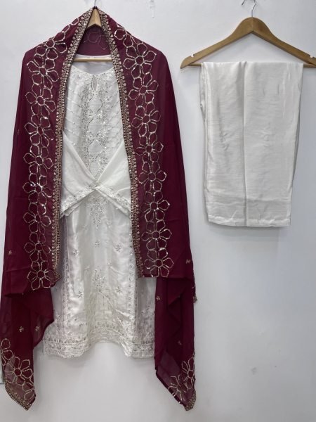 Bohemian White Heavy Chinon Silk Palazzo Suit with Embroidered Dupatta For Wedding Wear Ready To Wear Collection