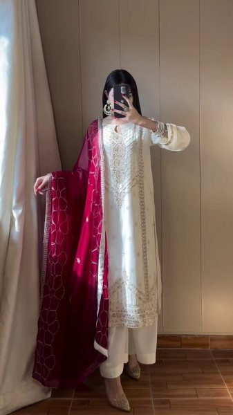 Bohemian White Heavy Chinon Silk Palazzo Suit with Embroidered Dupatta For Wedding Wear Ready To Wear Collection