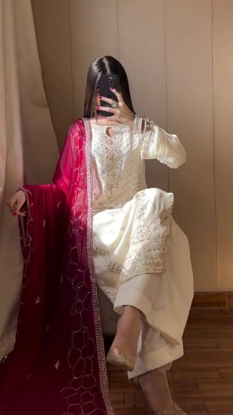 Bohemian White Heavy Chinon Silk Palazzo Suit with Embroidered Dupatta For Wedding Wear Ready To Wear Collection