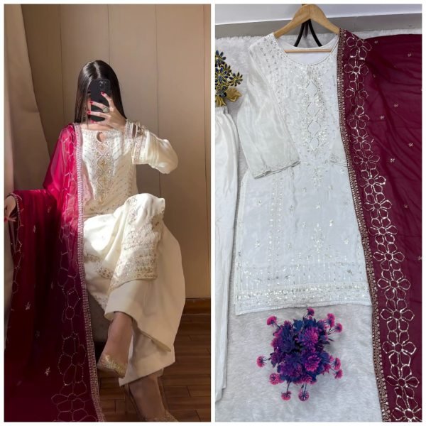 Bohemian White Heavy Chinon Silk Palazzo Suit with Embroidered Dupatta For Wedding Wear Ready To Wear Collection
