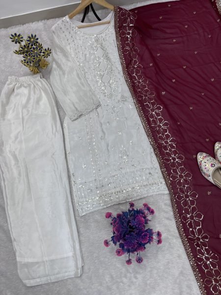 Bohemian White Heavy Chinon Silk Palazzo Suit with Embroidered Dupatta For Wedding Wear Ready To Wear Collection