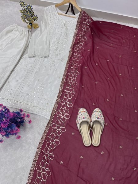 Bohemian White Heavy Chinon Silk Palazzo Suit with Embroidered Dupatta For Wedding Wear Ready To Wear Collection