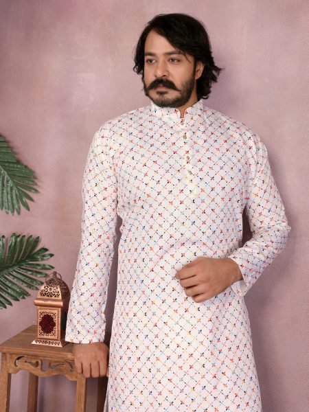 White Heavy Cotton Sequence Work Mens Kurta Pyjama Festive Wear Mens Wear