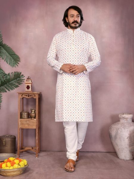 White Heavy Cotton Sequence Work Mens Kurta Pyjama Festive Wear Kurta Pajama Wholesale