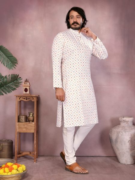 White Heavy Cotton Sequence Work Mens Kurta Pyjama Festive Wear Kurta Pajama Wholesale