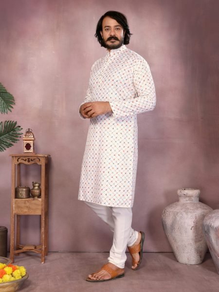 White Heavy Cotton Sequence Work Mens Kurta Pyjama Festive Wear Kurta Pajama Wholesale