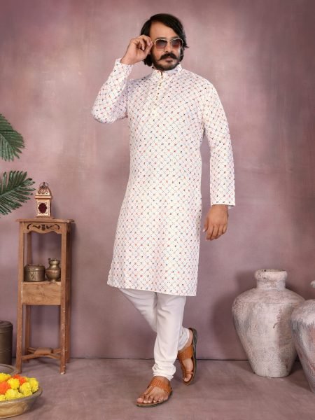 White Heavy Cotton Sequence Work Mens Kurta Pyjama Festive Wear Kurta Pajama Wholesale