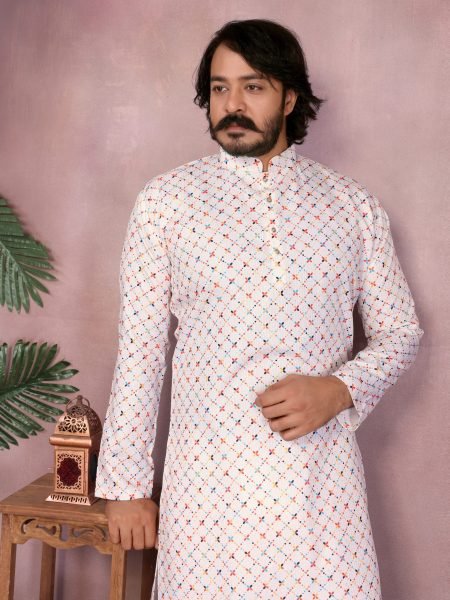 White Heavy Cotton Sequence Work Mens Kurta Pyjama Festive Wear Kurta Pajama Wholesale