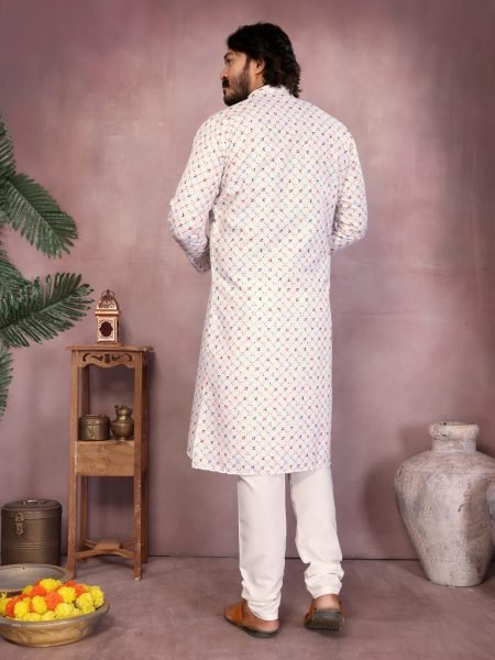 White Heavy Cotton Sequence Work Mens Kurta Pyjama Festive Wear Kurta Pajama Wholesale