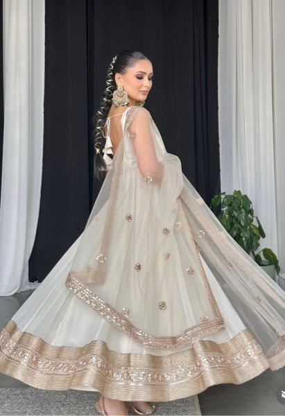 White Heavy Faux Georgette Anarkali Suit Set for Women Fully Stitched Designer Salwar Kameez with Pant Dupatta Set Festival Wear at Wholesale Price  Ready To Wear Collection