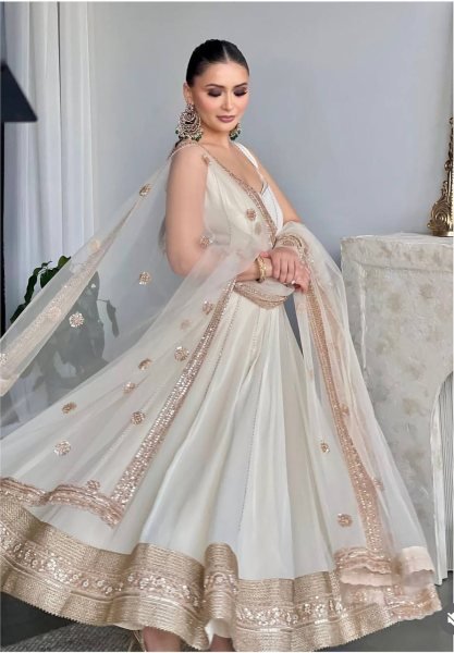 White Heavy Faux Georgette Anarkali Suit Set for Women Fully Stitched Designer Salwar Kameez with Pant Dupatta Set Festival Wear at Wholesale Price  Ready To Wear Collection