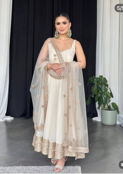 White Heavy Faux Georgette Anarkali Suit Set for Women Fully Stitched Designer Salwar Kameez with Pant Dupatta Set Festival Wear at Wholesale Price  Ready To Wear Collection