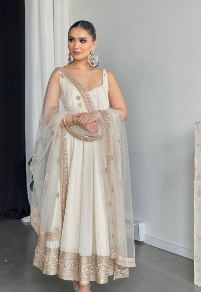 White Heavy Faux Georgette Anarkali Suit Set for Women Fully Stitched Designer Salwar Kameez with Pant Dupatta Set Festival Wear at Wholesale Price  Ready To Wear Collection