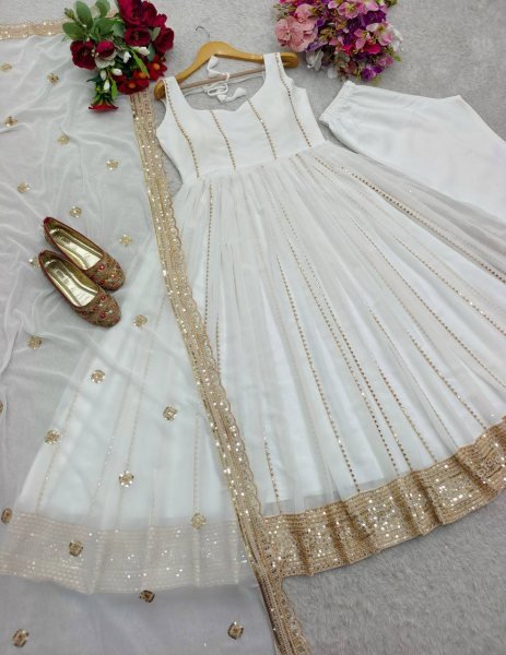 White Heavy Faux Georgette Anarkali Suit Set for Women Fully Stitched Designer Salwar Kameez with Pant Dupatta Set Festival Wear at Wholesale Price  Ready To Wear Collection
