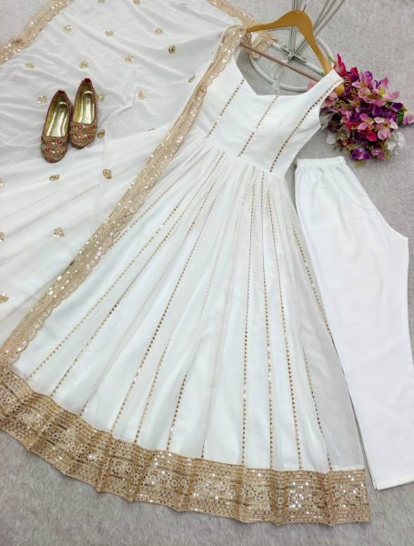 White Heavy Faux Georgette Anarkali Suit Set for Women Fully Stitched Designer Salwar Kameez with Pant Dupatta Set Festival Wear at Wholesale Price  Ready To Wear Collection
