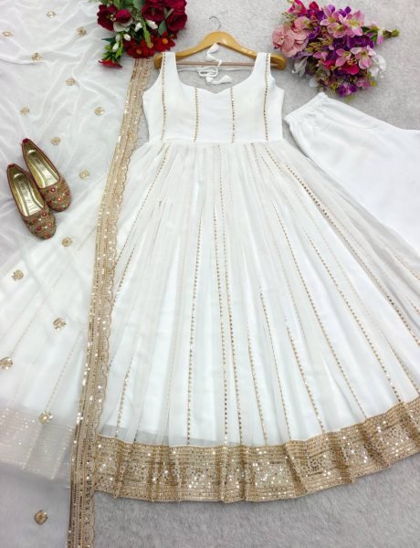 White Heavy Faux Georgette Anarkali Suit Set for Women Fully Stitched Designer Salwar Kameez with Pant Dupatta Set Festival Wear at Wholesale Price  Ready To Wear Collection