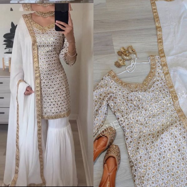 white Heavy Faux Georgette With Heavy 5mm Embroidery Sequence Work  Sharaa Collection  Sharara Set
