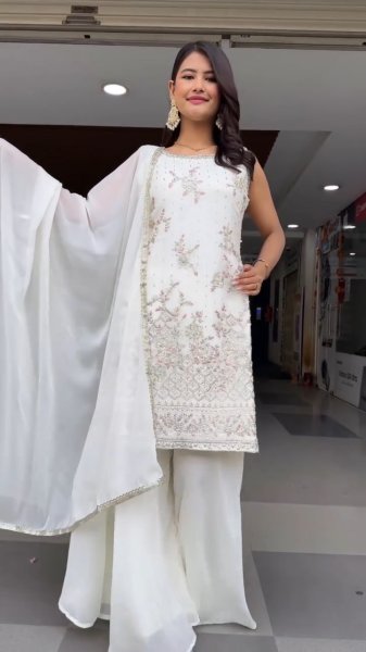 White Heavy Fox Georgette Embroidered Palazzo Suit Set with Dupatta Perfect for Wedding Wear Ready To Wear Collection