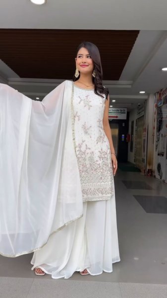 White Heavy Fox Georgette Embroidered Palazzo Suit Set with Dupatta Perfect for Wedding Wear Ready To Wear Collection