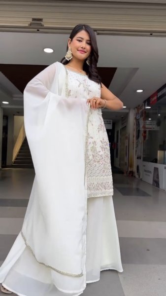 White Heavy Fox Georgette Embroidered Palazzo Suit Set with Dupatta Perfect for Wedding Wear Ready To Wear Collection