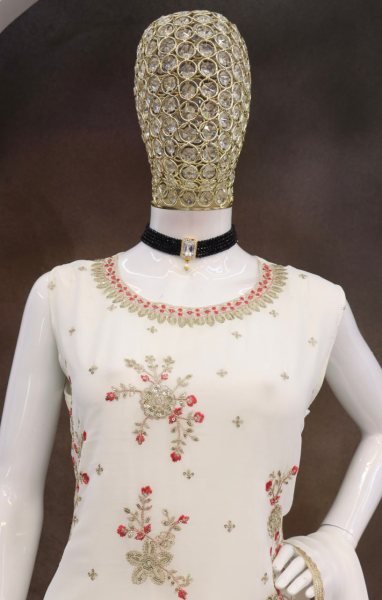 White Heavy Fox Georgette Embroidered Palazzo Suit Set with Dupatta Perfect for Wedding Wear Ready To Wear Collection