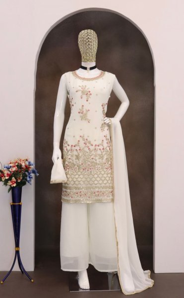 White Heavy Fox Georgette Embroidered Palazzo Suit Set with Dupatta Perfect for Wedding Wear Ready To Wear Collection