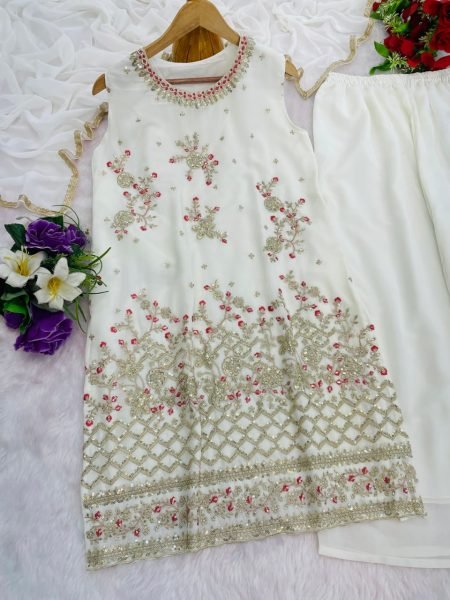 White Heavy Fox Georgette Embroidered Palazzo Suit Set with Dupatta Perfect for Wedding Wear Ready To Wear Collection
