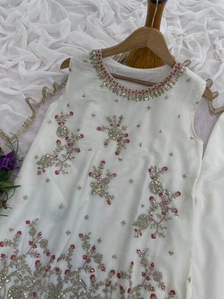 White Heavy Fox Georgette Embroidered Palazzo Suit Set with Dupatta Perfect for Wedding Wear Ready To Wear Collection