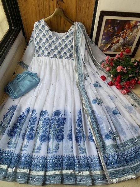 White Heavy Georgette Anarkali Gown Pant With Dupatta With Real Mirror Work  Ready To Wear Collection