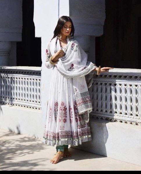 White Heavy Georgette Anarkali Gown Pant With Dupatta With Real Mirror Work  Ready To Wear Collection