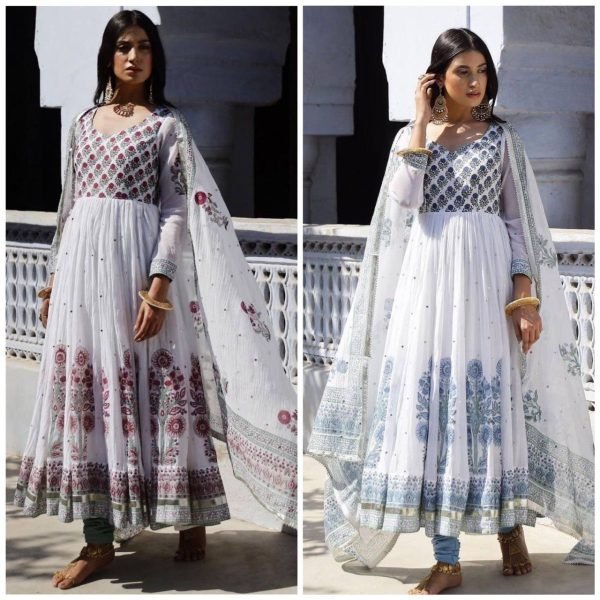 White Heavy Georgette Anarkali Gown Pant With Dupatta With Real Mirror Work  Ready To Wear Collection