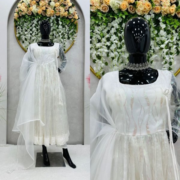 White Heavy Organza Silk Suit With Sequence Work  3 Piece Kurti Set