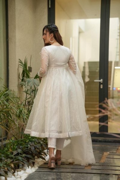 White Heavy Organza Silk Suit With Sequence Work  3 Piece Kurti Set