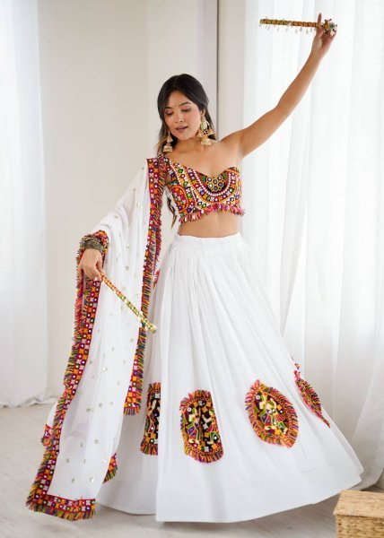 White Heavy Rayon Lehenga Choli with Gamthi and Real Mirror Work Navratri Collection Navratri Lehnega Choli