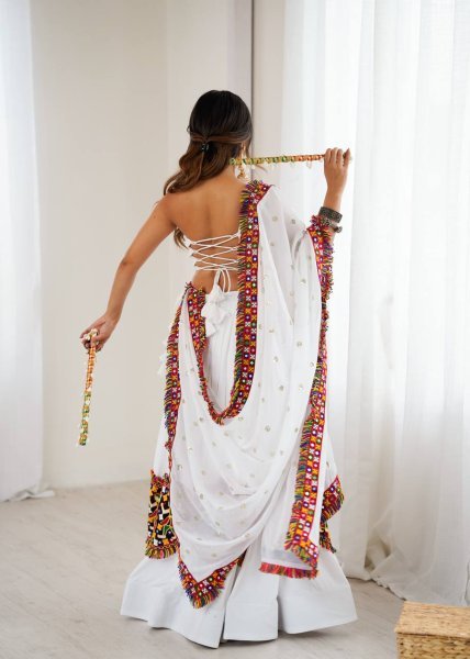 White Heavy Rayon Lehenga Choli with Gamthi and Real Mirror Work Navratri Collection Navratri Lehnega Choli