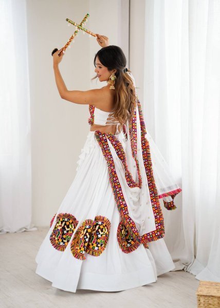 White Heavy Rayon Lehenga Choli with Gamthi and Real Mirror Work Navratri Collection Navratri Lehnega Choli