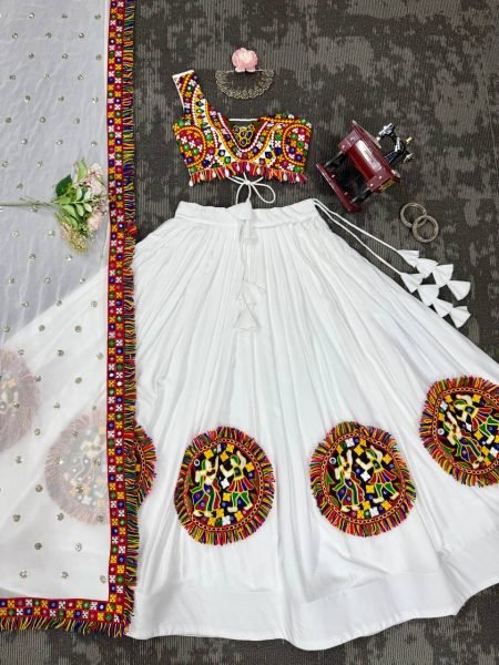 White Heavy Rayon Lehenga Choli with Gamthi and Real Mirror Work Navratri Collection Navratri Lehnega Choli