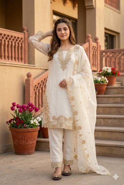 White Indian Ethnic Wear Kurta Suit Set and Dupatta With Embroidery in Georgette Ready To Wear Collection