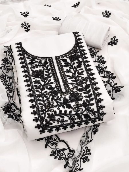 white jorjat embroidered suit set with santoon pant and dupatta Dress Material 