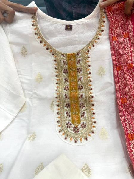 White Kanjivaram Silk 3-Piece Kurta with Dupatta and Hand Embroidery Work Embroidery Kurtis 